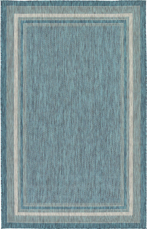 Unique Loom Outdoor Border Soft Border Machine Made Border Rug Teal, Ivory/Gray 5' 1" x 8' 0"