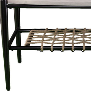 HomeRoots 52" Black and White Oval Faux Marble Coffee Table with Boho Rope Shelf for Modern Living Spaces 402116