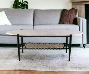 Homeroots 52" Black And White Metal And Faux Marble Boho Rope Oval Coffee Table   402116