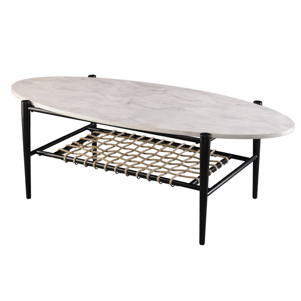 Homeroots 52" Black And White Metal And Faux Marble Boho Rope Oval Coffee Table   402116