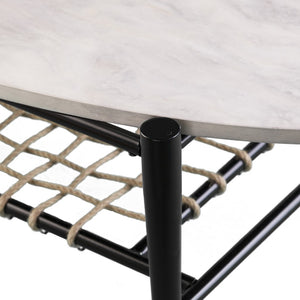 Homeroots 52" Black And White Metal And Faux Marble Boho Rope Oval Coffee Table   402116