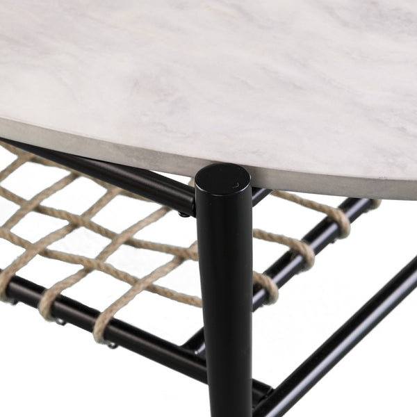Homeroots 52" Black And White Metal And Faux Marble Boho Rope Oval Coffee Table   402116