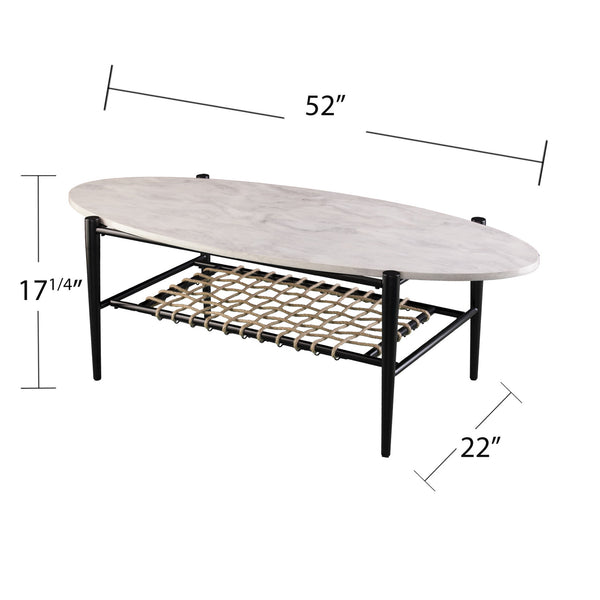 Homeroots 52" Black And White Metal And Faux Marble Boho Rope Oval Coffee Table   402116