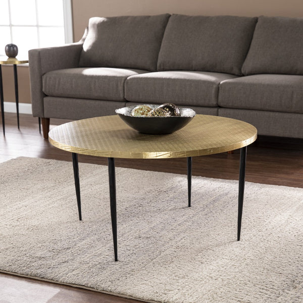 Homeroots 34" Black And Gold Embossed Metal Round Coffee Table   402118