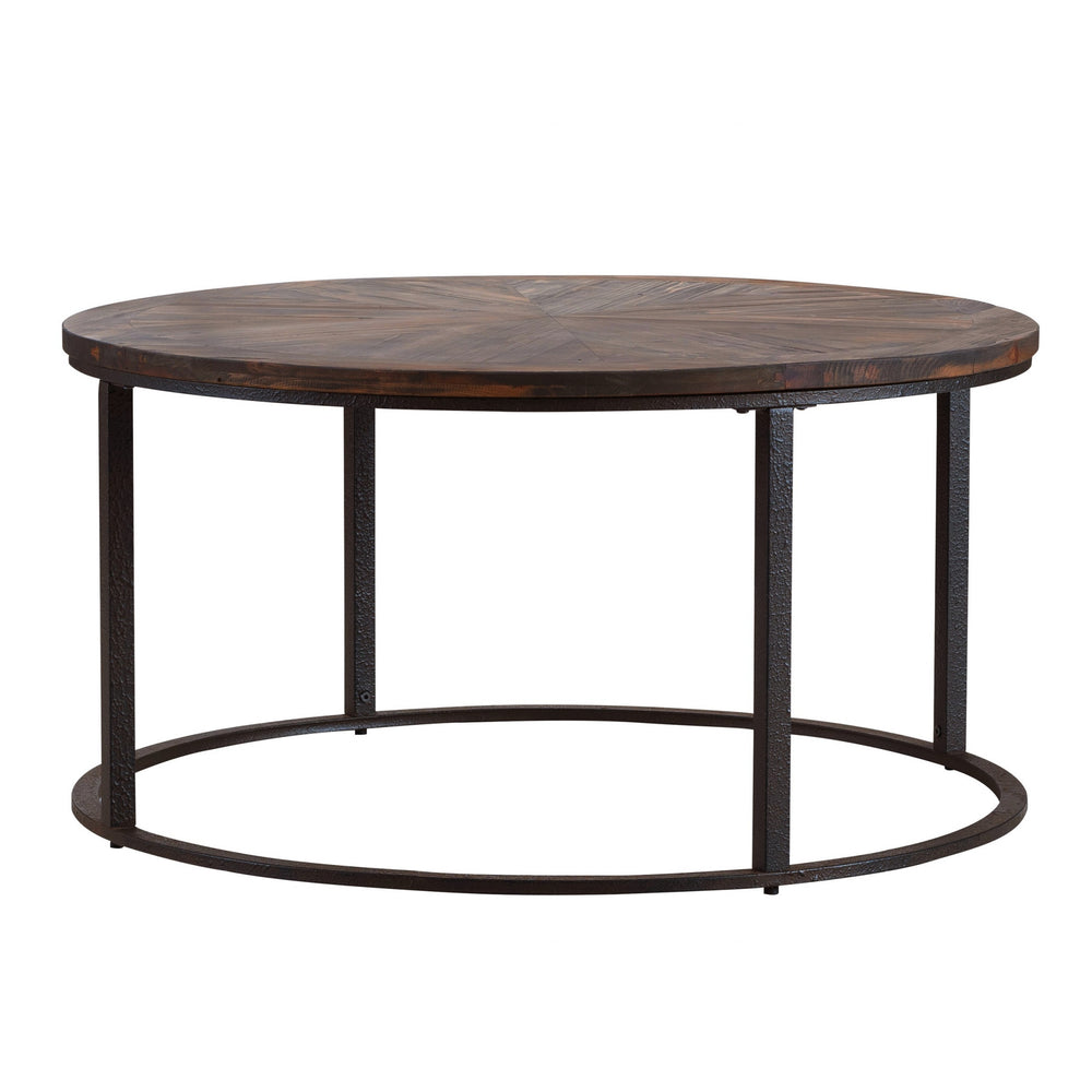 Homeroots 36" Natural And Brown Reclaimed Wood And Metal Round Coffee Table   402119