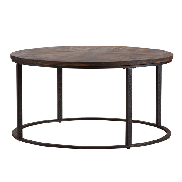 Homeroots 36" Natural And Brown Reclaimed Wood And Metal Round Coffee Table   402119