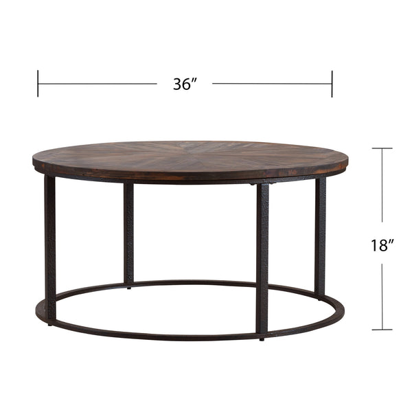 Homeroots 36" Natural And Brown Reclaimed Wood And Metal Round Coffee Table   402119