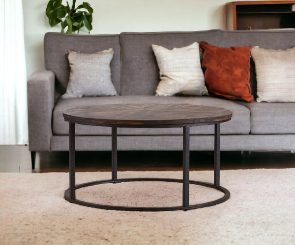 Homeroots 36" Natural And Brown Reclaimed Wood And Metal Round Coffee Table   402119