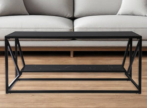 HomeRoots 42" Black Glass Faux Marble Coffee Table with Lower Shelf – Modern, Chic Design for Any Space 402121
