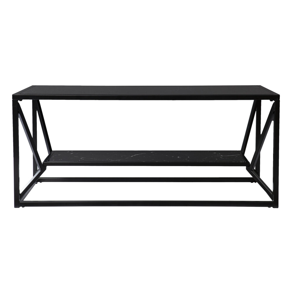 Homeroots 42" Black Glass Faux Marble And Metal Coffee Table With Shelf   402121