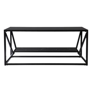 Homeroots 42" Black Glass Faux Marble And Metal Coffee Table With Shelf   402121