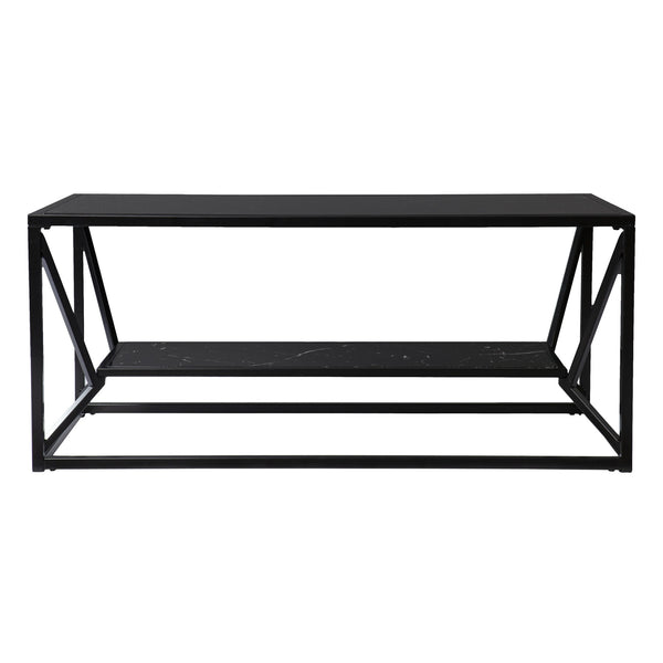 Homeroots 42" Black Glass Faux Marble And Metal Coffee Table With Shelf   402121