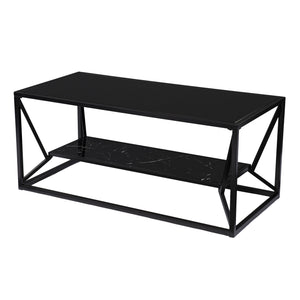 Homeroots 42" Black Glass Faux Marble And Metal Coffee Table With Shelf   402121