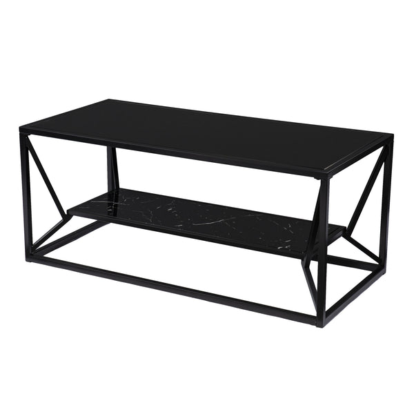 Homeroots 42" Black Glass Faux Marble And Metal Coffee Table With Shelf   402121
