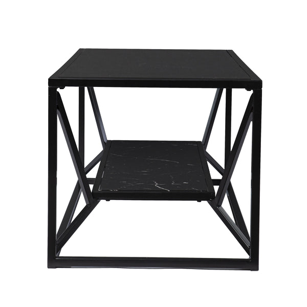 Homeroots 42" Black Glass Faux Marble And Metal Coffee Table With Shelf   402121