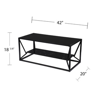 Homeroots 42" Black Glass Faux Marble And Metal Coffee Table With Shelf   402121
