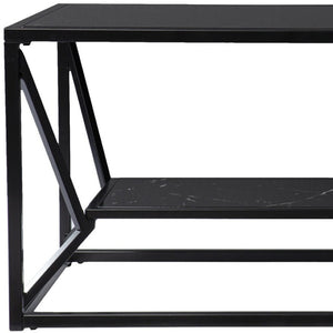 HomeRoots 42" Black Glass Faux Marble Coffee Table with Lower Shelf – Modern, Chic Design for Any Space 402121