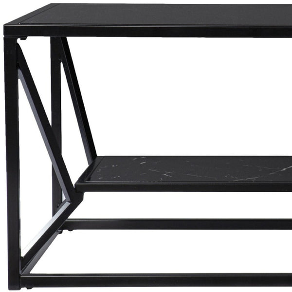 HomeRoots 42" Black Glass Faux Marble Coffee Table with Lower Shelf – Modern, Chic Design for Any Space 402121