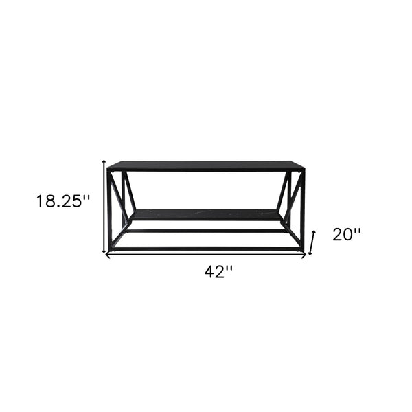 HomeRoots 42" Black Glass Faux Marble Coffee Table with Lower Shelf – Modern, Chic Design for Any Space 402121