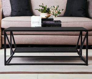 Homeroots 42" Black Glass Faux Marble And Metal Coffee Table With Shelf   402121