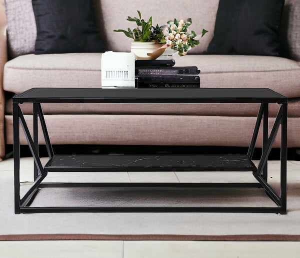 Homeroots 42" Black Glass Faux Marble And Metal Coffee Table With Shelf   402121