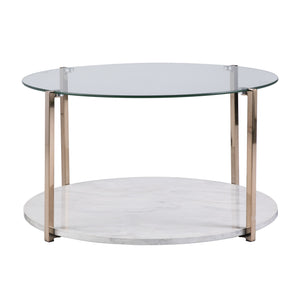 Homeroots 33" Gold Glam Glass And Faux Marble Two Tier Round Coffee Table   402128