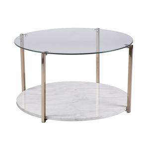 Homeroots 33" Gold Glam Glass And Faux Marble Two Tier Round Coffee Table   402128