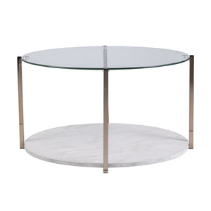 Homeroots 33" Gold Glam Glass And Faux Marble Two Tier Round Coffee Table   402128