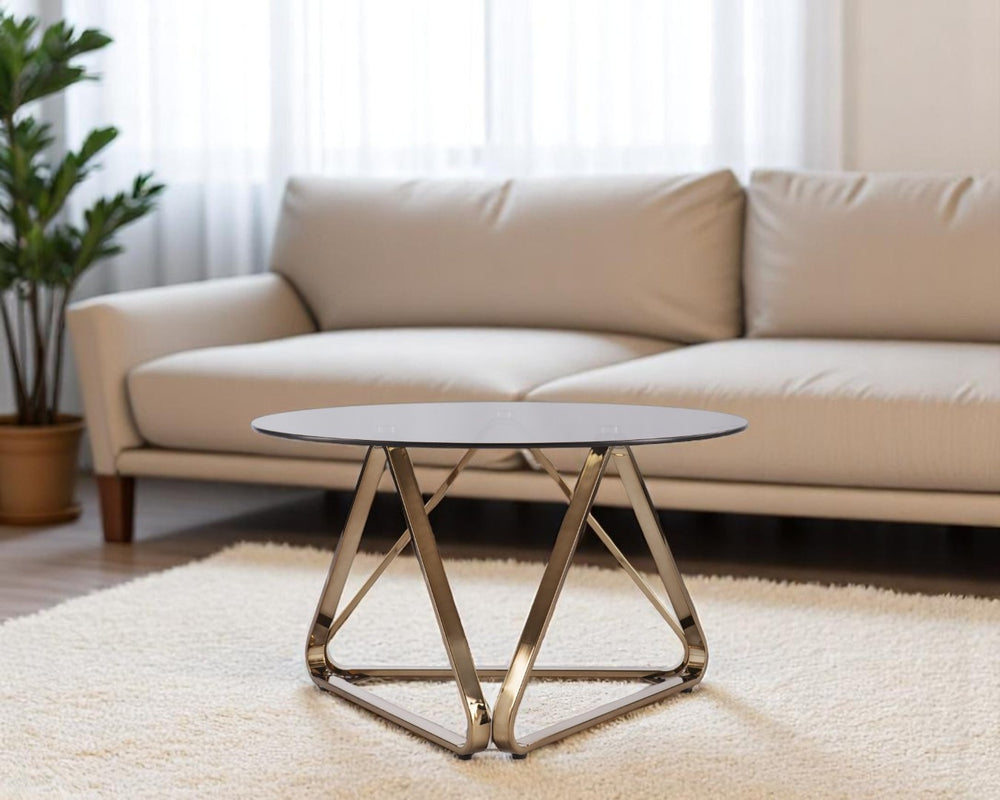 HomeRoots 31" Smoky Black Glass & Gold Metal Round Coffee Table – Modern Design for Stylish Living Spaces 402129
