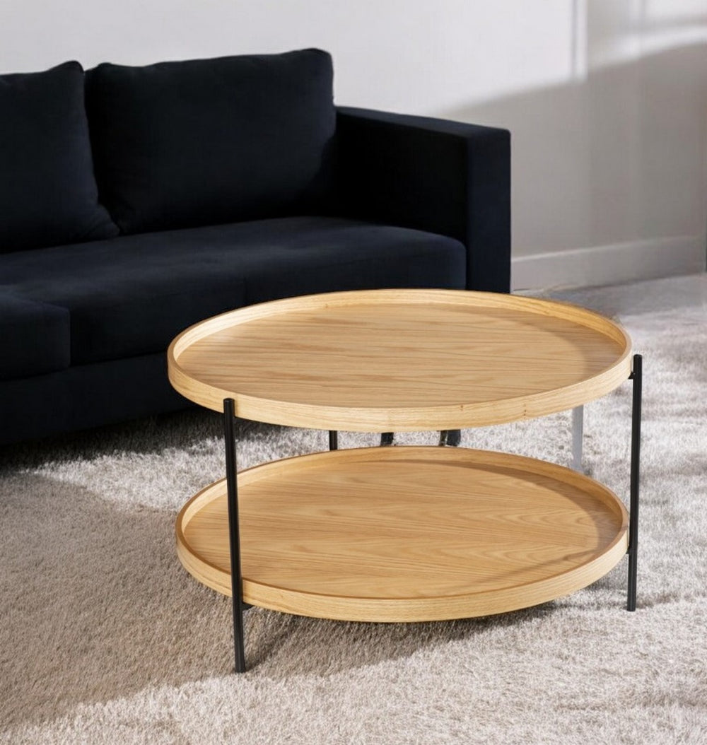 Homeroots 33" Natural And Black Wood And Metal With Iron Round Coffee Table   402139