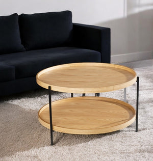 Homeroots 33" Natural And Black Wood And Metal With Iron Round Coffee Table   402139