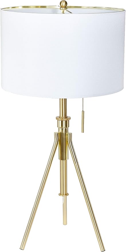 English Elm 32-37"H Adjustable Tripod Table Lamp Brushed Gold with Fabric Shade, Pull-Chain, Modern Warm Glow B080P237513