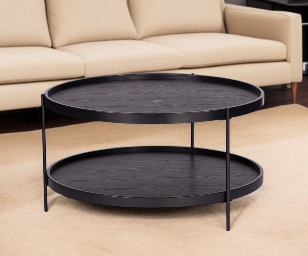 HomeRoots 33" Modern Round Coffee Table in Black - Durable Two-Tier Design with Open Shelf for Stylish Storage 402140