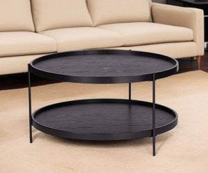 HomeRoots 33" Modern Round Coffee Table in Black - Durable Two-Tier Design with Open Shelf for Stylish Storage 402140