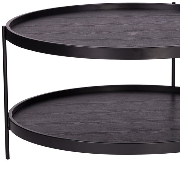 HomeRoots 33" Modern Round Coffee Table in Black - Durable Two-Tier Design with Open Shelf for Stylish Storage 402140
