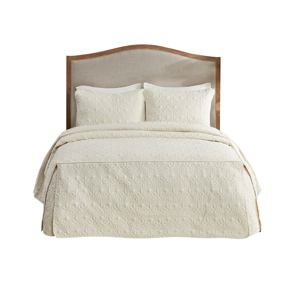English Elm 3 Piece Split Corner Pleated Quilted Bedspread Set King with Antimicrobial Finish, Textured Cottage Stitch Elegance Cream 17.72 L x 15.35 W x 6.3 H B03597562