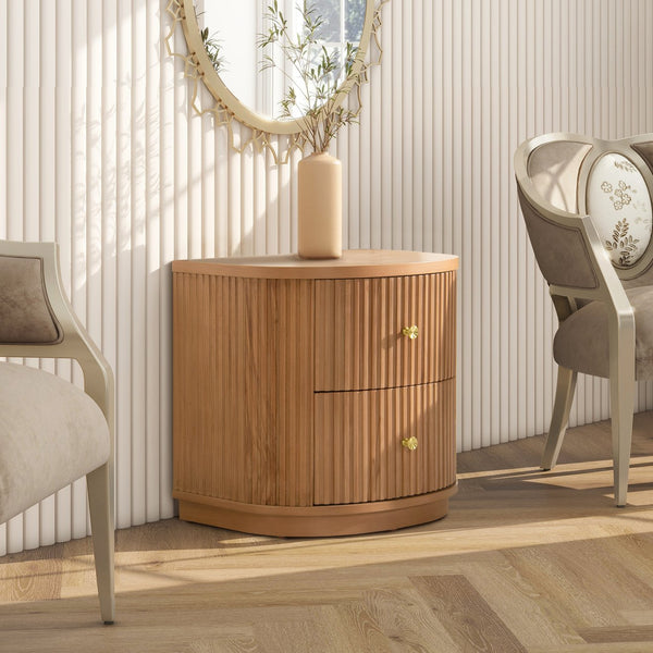 English Elm Jennifer Taylor Home - Valentine Half-Moon 24" 2-Drawer Side Table in Natural Brown Beech Wood with Fluted Detail & Gold Pulls B2719P238488