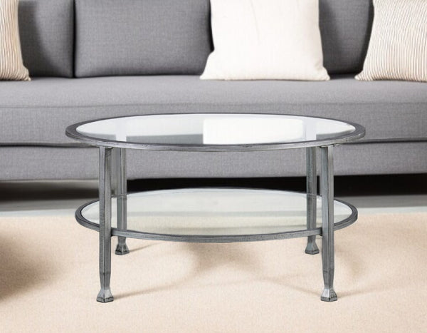 HomeRoots 36" Sleek Silver Round Coffee Table with Tempered Glass Top - Modern, Versatile Design for Any Space 402147