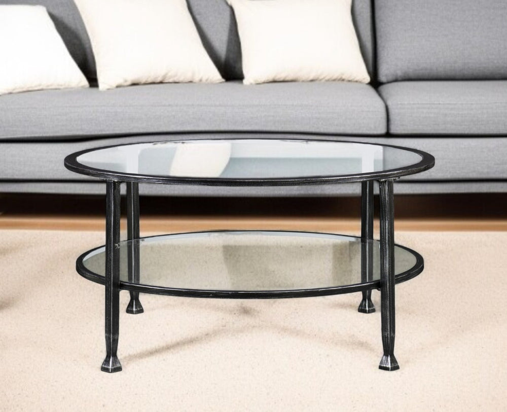 HomeRoots 36" Black Glass and Metal Round Coffee Table – Modern, Durable Design for Stylish Living Spaces and Offices 402148