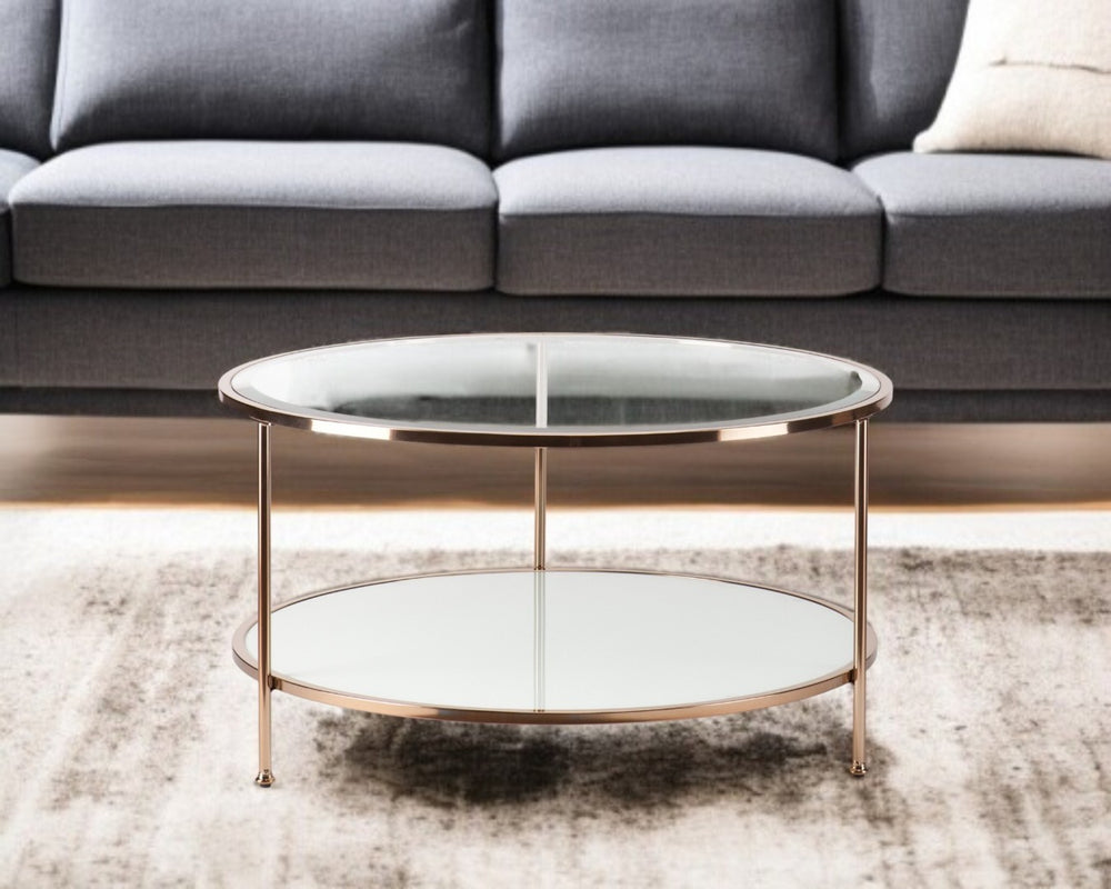 HomeRoots 34" Clear and Gold Round Glass Coffee Table - Modern Three-Leg Design for Chic Living Room Style 402150