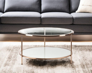 HomeRoots 34" Clear and Gold Round Glass Coffee Table - Modern Three-Leg Design for Chic Living Room Style 402150