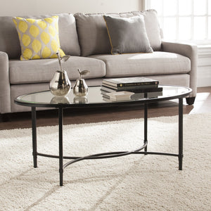 Homeroots 45" Black Glass And Metal With Iron Oval Coffee Table   402151