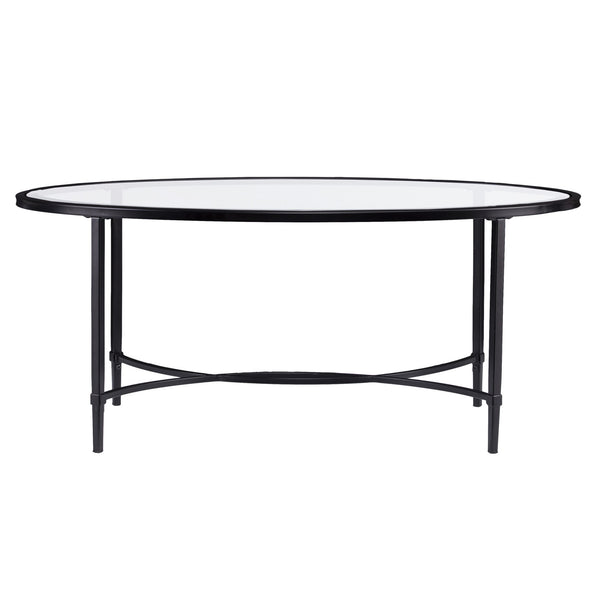 Homeroots 45" Black Glass And Metal With Iron Oval Coffee Table   402151