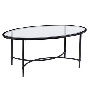 Homeroots 45" Black Glass And Metal With Iron Oval Coffee Table   402151