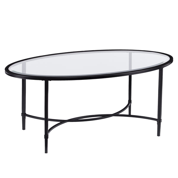Homeroots 45" Black Glass And Metal With Iron Oval Coffee Table   402151