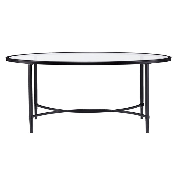 Homeroots 45" Black Glass And Metal With Iron Oval Coffee Table   402151