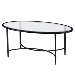 Homeroots 45" Black Glass And Metal With Iron Oval Coffee Table   402151