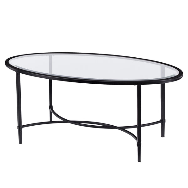 Homeroots 45" Black Glass And Metal With Iron Oval Coffee Table   402151