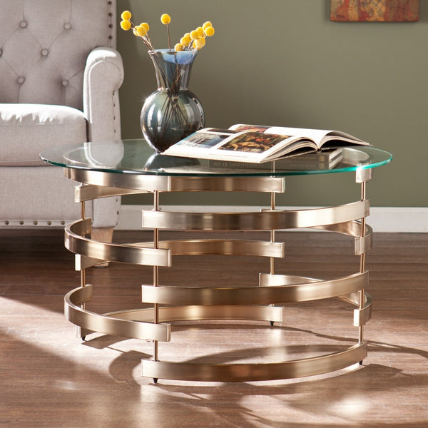 Homeroots 32" Clear And Champagne Glass And Metal With Iron Round Coffee Table   402155