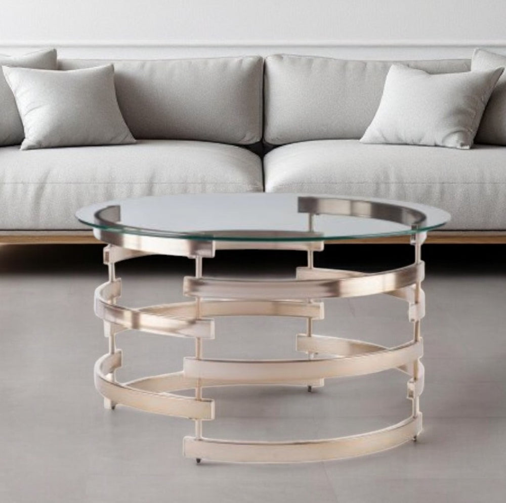 HomeRoots 32" Stylish Clear Glass and Champagne Metal Round Coffee Table for Elegant Living Room Décor 402155
